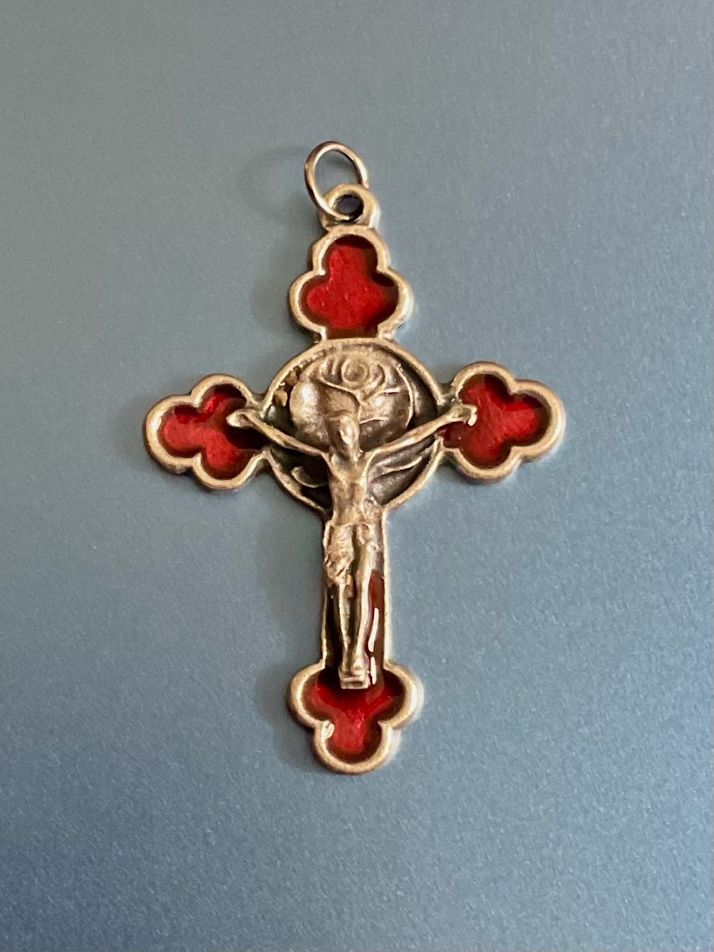 2” Orthodox/Byzantine Crucifix with Red Enamel Rose Italy Rosary Pendant